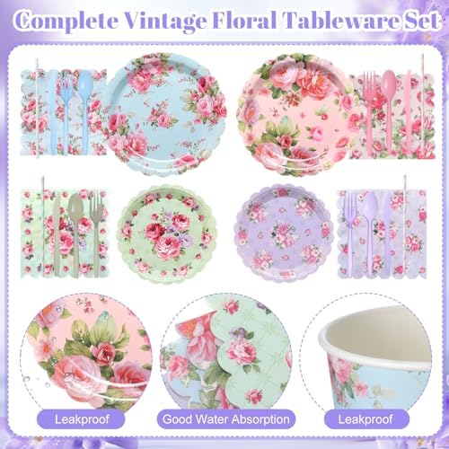 450 Pcs Vintage Floral Tableware Set, Serve 50, Vintage Color - Image 3