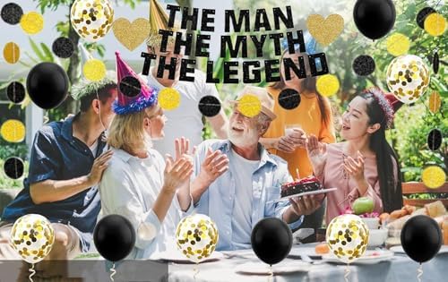 The Man The Myth The Legend Banner Birthday Party Decoration Photobooth For Farewell Retirement Father's Day Hanging Garland Kit Bunting - 10pcs Balloons Adult Black Gold Glitter - Image 6