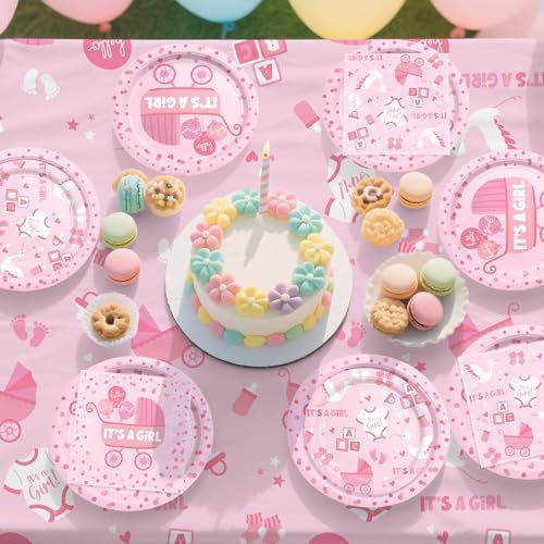 Baby Girl Shower Decorations for 24 Guests - It’s A Girl Decorations Kit Including Disposable Plates, Napkins, Cups, Tablecloth & Banner for Baby Shower Decorations Girl - Image 7