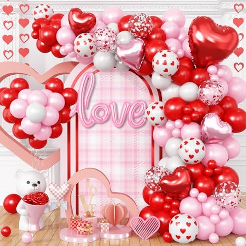 Mothers Day Balloon Arch Garland Kit, Pink Red White Latex Balloon with Happy Mother Day Love Heart Mylar Foil Balloons for Motherday Best Mon Ever Wedding Anniversary Birthday Party Decorations by Paeyeq