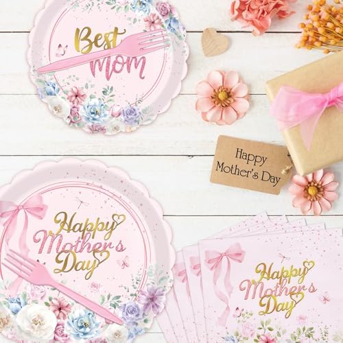 96 Pieces Mother’s Day Floral Tableware Set – Pink Scalloped Disposable Plates, Napkins and Forks for Mother’s Day Party, Brunch, Tea Party, and Spring Celebrations – Serves 24 Guests - Image 4