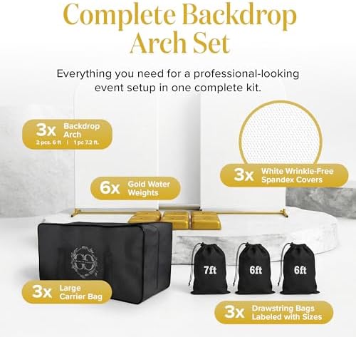 Metal Arch Backdrop Stand and Cover Set – 3 Gold Frames (7.2ft, 6ft x2) with White Wrinkle-Free Spandex Covers, Water Weights, Bags & Case – Wedding, Birthday, Baby Shower, Party Decor - Image 2