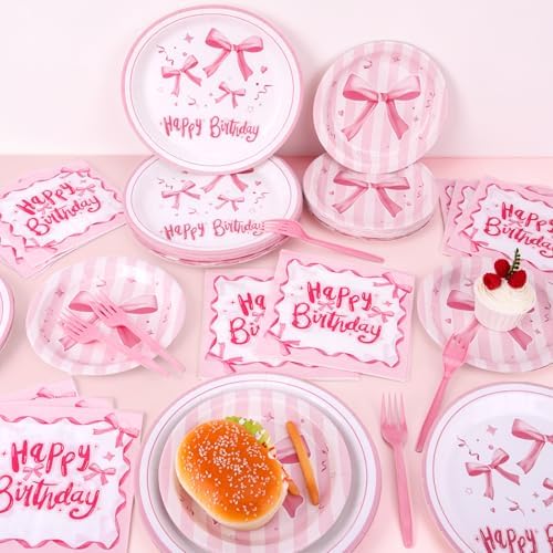 REDWORD Pink Bow Birthday Decorations, 96Pcs Bow Party Tableware Plates Napkins Forks for Pink Birthday Girls Bachelorette Party Decorations-Serves 24 - Image 3
