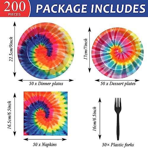 50 Guests Tie Dye Plates and Napkins Party Supplies Tie Dye Party Decorations Disposable Tableware Set Birthday Dinnerware Favor for Kids Girls Baby Shower Birthday Party Graduation, 200PCS - Image 2