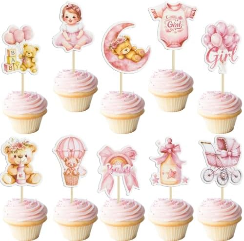 Gyufise 40Pcs Baby Boy Cupcake Toppers Baby Shower Decorations for Boys Balloon Star Moon Bear It's a Girl Cupcake Picks for Baby Shower Kids Girls Birthday Party Supplies Deep Pink by Gyufise