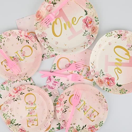 96Pcs 1st Birthday Party Supplies - Girls' One Year Tableware with Floral Birthday Plates, Napkins, Dinnerware, Decorations & Favors for Baby Shower, Serves 24 - Image 5