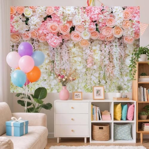 9x6ft Pink Rose Flower Wedding Photography Backdrop Spring Floral Photography Backdrop Valentine's Day Mother's Day Girl Birthday Baby Shower Wedding Bridal Party Banner Photo Booth Props Background - Image 3