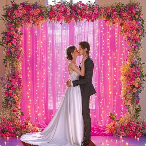 10x10ft Hot Pink Tulle Backdrop Curtain with Lights String for Parites, Sheer Backdrop Curtains for Wedding Baby Shower Birthday Party Photo Shoot Decorations - Image 2