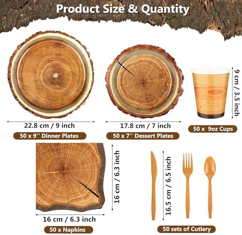 Kochorie 350 PCS Camping Wood Grain Slice Tableware Set Rustic Camping Plates Napkins Cups Cutlery Hunting Birthday Party Decorations Lumberjack Dinner Camping Party Decorations Serve 50 Guests - Image 2