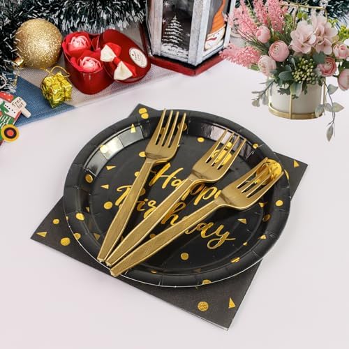96PCS Happy Birthday Plates and Napkins Party Supplies, Black and Gold Disposable Paper Plates and Napkins with Forks Tableware Set for Birthday Party Decorations 24 Guests (Birthday Black) - Image 5