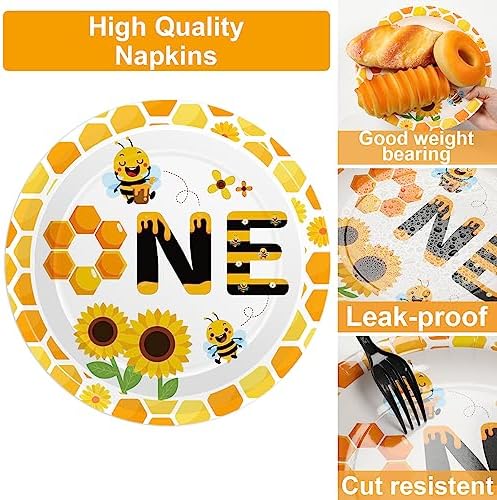 Qyeahkj 100 Pcs Bee 1st Birthday Party Supplies Paper Plates and Napkins Set Disposable Bee First Birthday Tableware Decorations for Bees Theme Baby Shower Serves 25 - Image 4