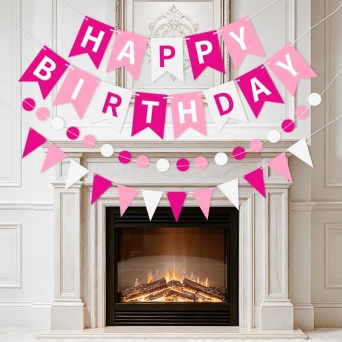 Pink White Happy Birthday Banner Hanging Sign Circle Dot Triangle Bunting - Image 6
