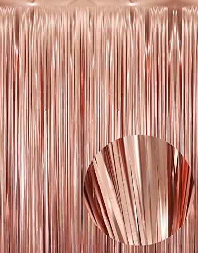 GOER 6.4 ft x 8.2 ft Metallic Tinsel Foil Fringe Curtains,Pack of 2 Party Streamer Backdrop for Birthday,Graduation Decorations and New Year Eve (Matte Rose Gold,Thick Material) by GOER
