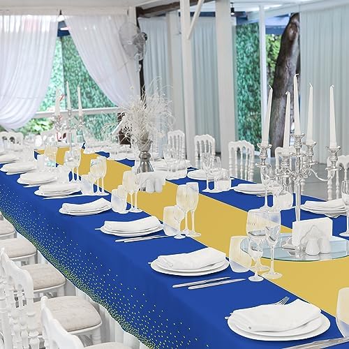 12 Pack Blue and Gold Tablecloth and Table Runner Party Decorations, Royal Blue and Gold Plastic Disposable Tablecloth and Satin Table Runner for Wedding Birthday Bridal Graduation Anniversary Party - Image 7