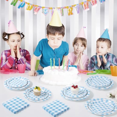 150 Pcs Light Blue Gingham Paper Plates and Napkins, Plaid Party Set - Image 5