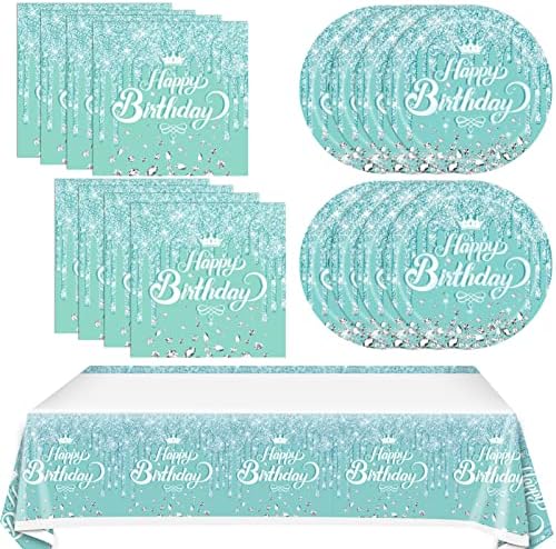 41 Pcs Teal and Silver Tableware Set for Happy Birthday Table Decorations Blue Birthday Theme Dessert Plates Napkins Tablecloth for 20 Guests Girls Women Silver Glitter Birthday Party Supplies by Juhap