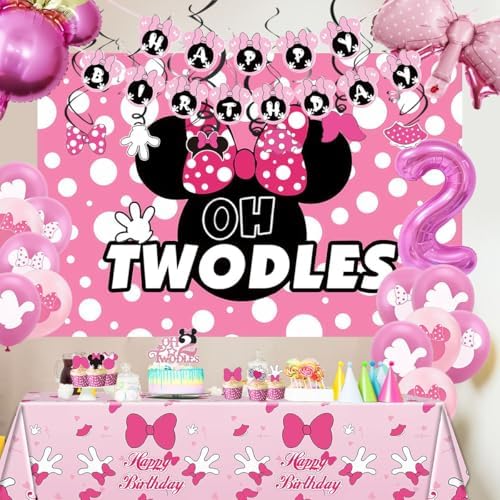 Pink Mouse 2nd Birthday Party Supplies Oh Twodles Girl Second Party Decorations Cartoon Mouse Theme Birthday Decorations Set - Image 3