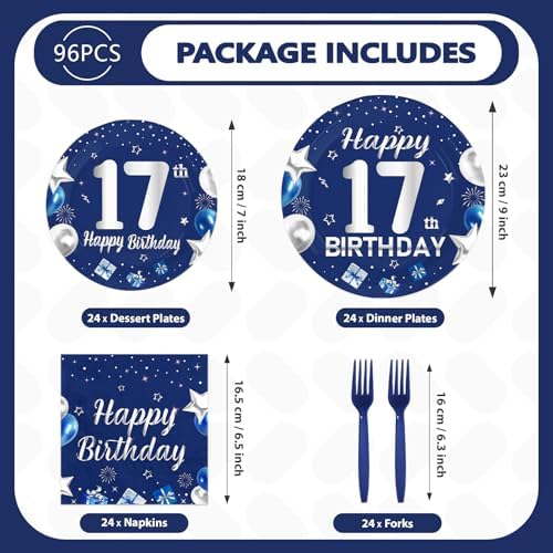 96Pcs Navy Blue Silver 17th Birthday Decorations, Serves 24 - Image 5