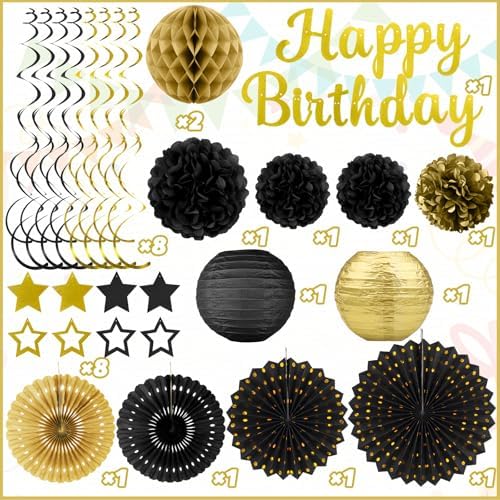 Black Gold Birthday Party-Decorations - 29pcs Black Gold Party Decorations for Men Women, Happy Birthday Banner Paper Streamers Lanterns Tissue Pom Poms - ZERODECO - Image 2
