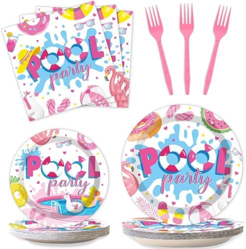 Qyeahkj 100 Pcs Summer Pool Party Plates and Napkins Set Pink Swimming Pool Party Decorations Supplies Beach Disposable Paper Tableware Dinnerware Favors Birthday Shower Serves 25 by Qyeahkj
