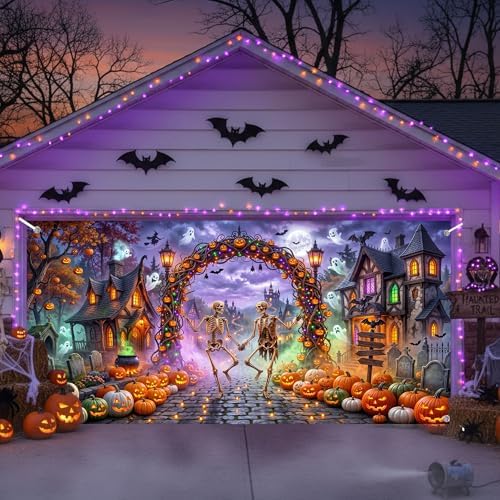 Halloween Garage Door Cover 16x7ft 2 Car Skeleton Pumpkin Arch Ghost Decor - Image 2