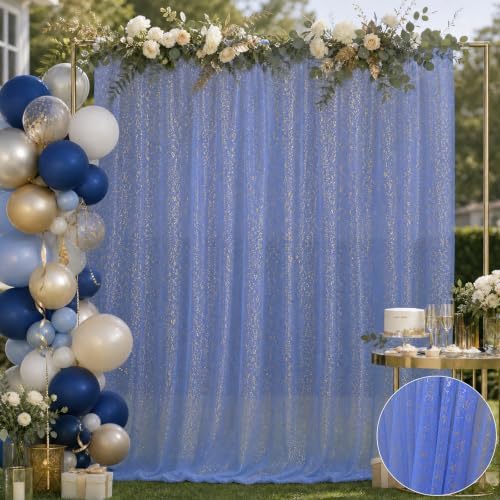 Bupelo Blue Tulle Backdrop Curtains with Gold Foil 15x8ft Sheer Curtain - Image 6