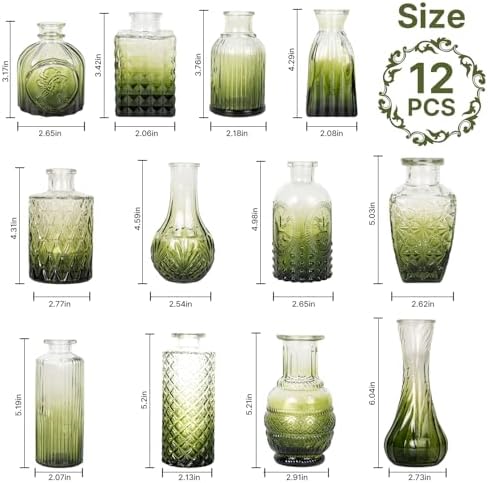 Clear Gradient Green Glass Bud Vase Set of 12 Pcs,Small Bud Vases in Bulk,Glass Crystal Flower Vases Table Centerpieces for Party Event Wedding Decor Baby Shower Decorations (Gradient Green, 12 Pcs) - Image 4