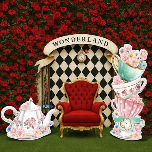 Panelee Wonderland Tea Party Yard Decoration, Wonderland Garden Yard Sign Stand Set Stacked Teacups and Teapot with Brackets for Tea Party Birthday Halloween Outdoor Decoration(Elegant Style) - Image 3