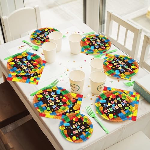 96Pcs Building Block Birthday Party Decor Supplies Paper Plates Napkins Set - Image 5