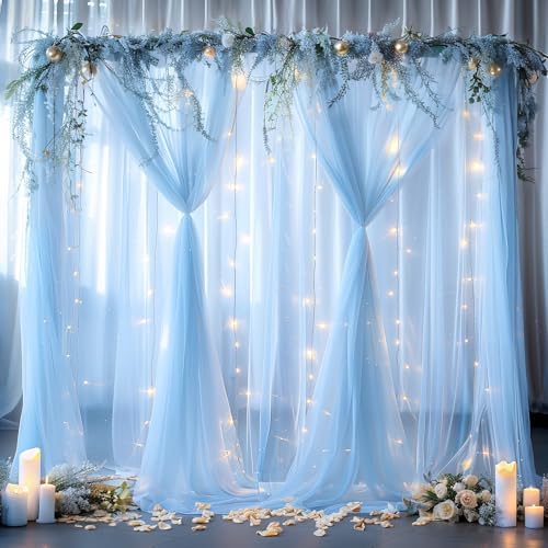 10ft x 10ft Blue Backdrop Curtain with Lights String for Parties, Sheer Tulle Wedding Photo Backdrops Drapes for Baby Shower Birthday Party Decorations Background for Photography - Image 3