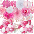 Pink White Birthday Decorations Women Girls, Happy Banner, Paper Lanterns Honeycomb, Tissue Flowers Pom Poms Fan, Light Pink Latex Balloon Pink Confetti Balloons for Birthday Party Décor by Vztipki