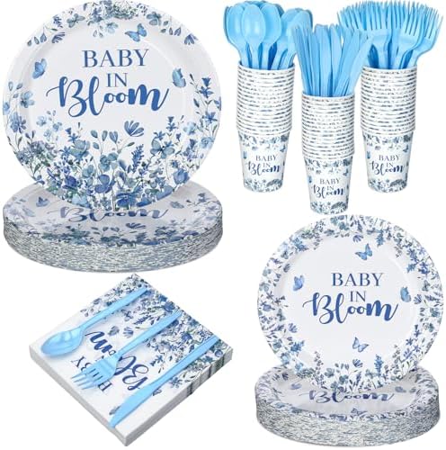 Yungyan 252 Pcs Baby in Bloom Blue Floral Baby Shower Party Tableware Set Included Plates Napkins Cups Forks Knives Cutlery for Party Decorations Supplies 36 Guests by Yungyan