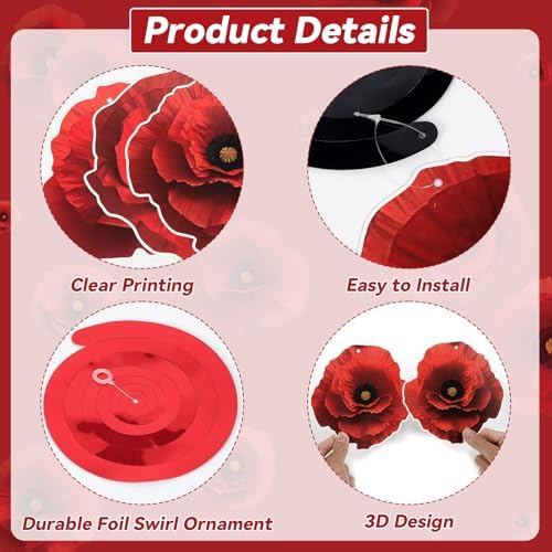 60Pcs Artificial Red Poppy Flowers Hanging Swirls Decorations Halloween Poppies Fake Flowers Ceiling Hanging Streamers Floral Birthday Party Ornaments for Witch Birthday Shower Party Favor Supplies - Image 3