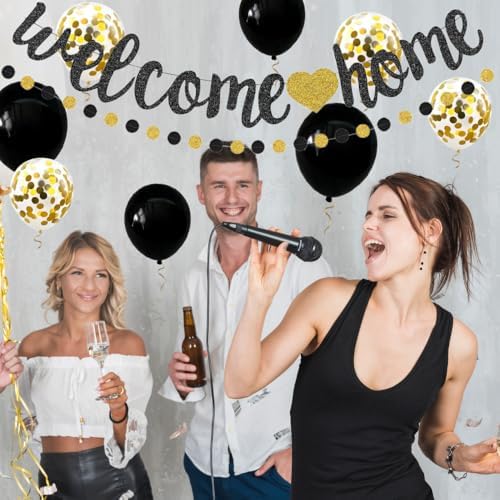 Welcome Home Decorations Set Glittery Black Gold Welcome Home Banner+2M Preassembled Circle Dots Garland+10pcs Balloons for Housewarming Deployment Come Back Home Parties Decor - Image 7