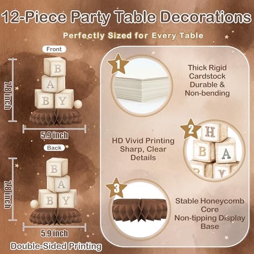 12 Pcs Neutral Baby Shower Decorations - Vintage Boho Baby Shower Centerpieces for Tables - Neutral Honeycomb Table Decor with Baby Essentials Teddy Bear Elephant for Baby Shower 1st Birthday - Image 2