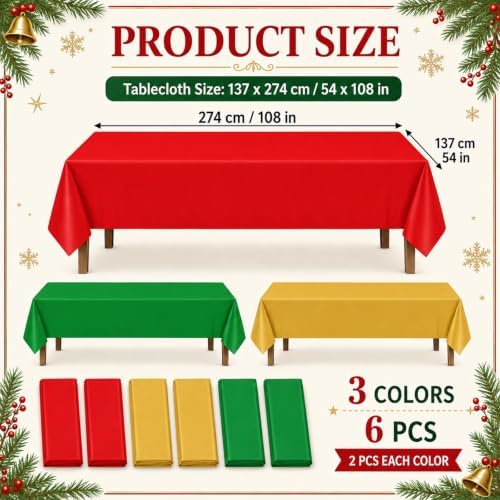 6 Pcs Christmas Plastic Tablecloths, Red Green Gold - Image 2