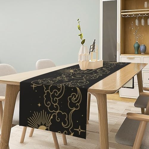 Sun Moon Table Runner Magical Boho Astrology Stars Fall Seasonal Autumn Chinese Gold Clouds Dinner Runner for Farmhouse Party Holiday Home Kitchen Dining Table Decoration 13"x60" - Image 2