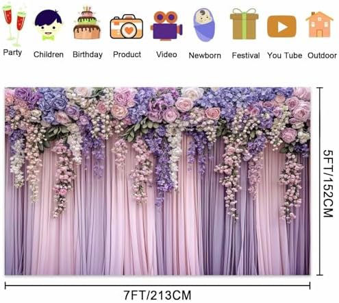 5x3ft Purple Flower Wedding Photography Backdrop Lavender Floral Wedding Bridal Photography Backdrop Anniversary Birthday Baby Shower Girl Party Banner Photo Booth Props Background Wall Decor - Image 6