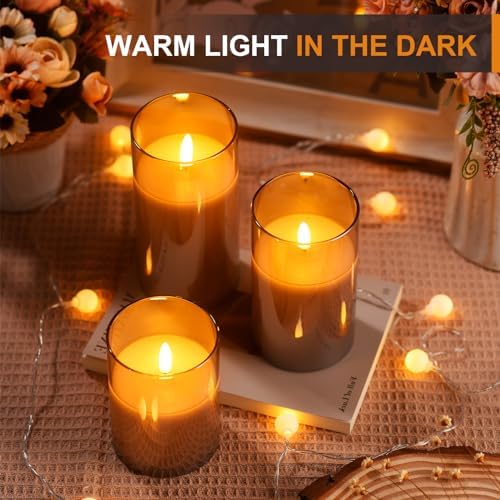 Tyawon Glass Battery Operated LED Flameless Candles with Remote and Timer, Real Wax Candles Warm Color Flickering Light for Festival Wedding Home Party Decor(Pack of 3)-Grey - Image 3