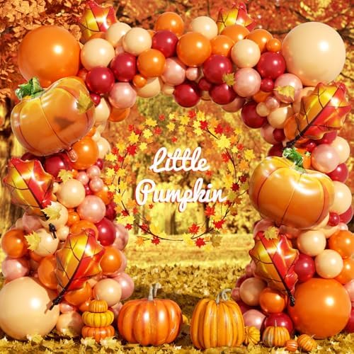 Fall Balloon Arch Garland Kit 172pcs with Leafs Pumpkins, Thanksgiving Balloons Arch Orange Nude Burgundy Rose Gold Balloons Different Sizes for Little Pumpkin Birthday Baby Shower Decoration - Image 5