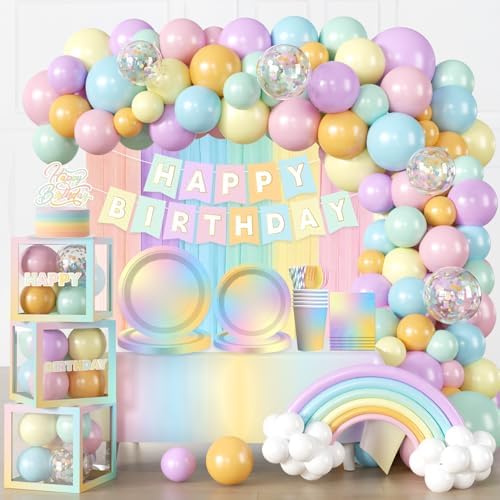 Pastel Rainbow Birthday Decorations Rainbow Theme Banner Balloon Arch Garland Streamer Backdrop, Pastel Rainbow Plates and Napkins with 2 Pcs Pastel Table Cloths by Unknown