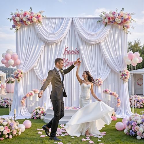 10 ft x 10 ft Wrinkle Free White Backdrop Curtains for Wedding Parties, Polyester Photography Backdrop Drapes for Birthday Parties Stage Backdrop Stand, 2 Panels 5x10FT Background Curtains - Image 5