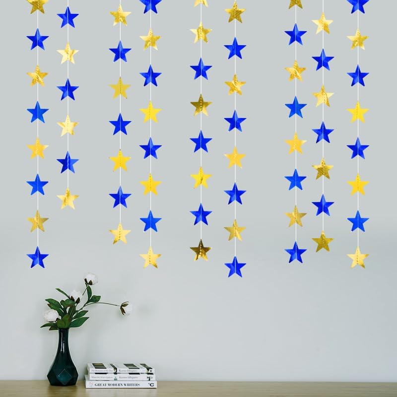 Blue Gold Shining Star Hanging Garland Blue Gold Hanging Sparkling Star Streamer Glitter Bunting Banner Twinkle Backdrop for Wedding Baby Shower Birthday Christmas Decorations 40 Feet - Image 6