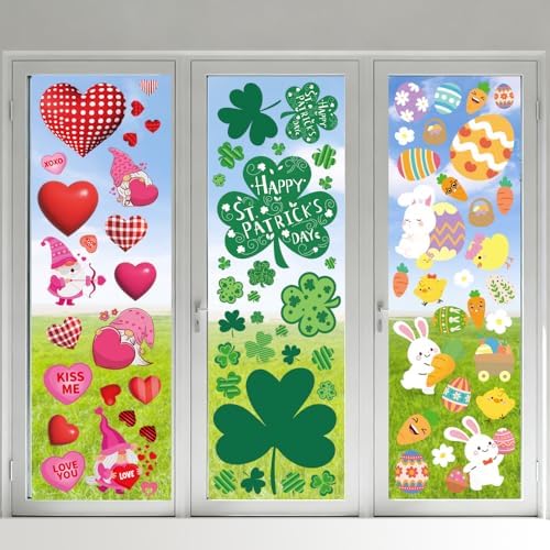Valentines Day Window Clings for Valentines Decorations, Reusable Static Shamrock Window Clings for St Patricks Day Decorations, Easter Decor for Home, Bathroom and Office by AkeRock
