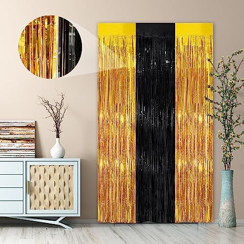 Black Gold Party Decorations, 2 Pack Tinsel Backdrop Foil Fringe Curtains - Image 5
