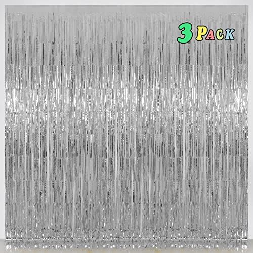 Pure Silver Fringe Curtain Backdrop 3 Pack, 3.2 x 8.2 FT Party Decorations by Melsan
