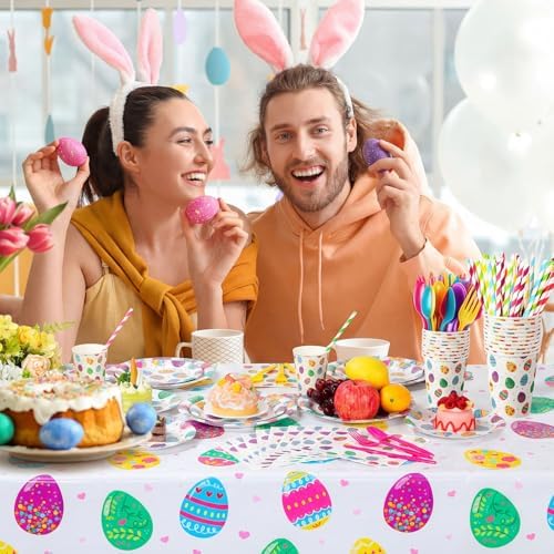 Funnymoom 452 Pcs Easter Party Supplies for 50, Colorful Easter Egg Paper Plates Napkins Cups Tablecloth Cutlery Straws Disposaable Tableware Set for Spring Birthday Baby Shower Party Decorations - Image 5