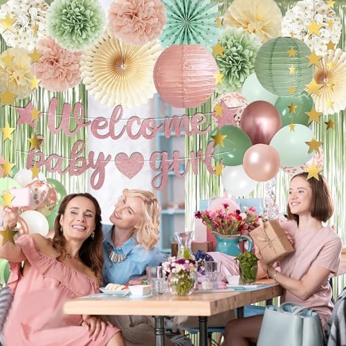 Dusty Pink Sage Green Baby Shower Decorations - Welcome Baby Girl Banner, Retro Pink Green Rosegold Balloons, 'Oh Baby' Cake Topper, Pom Poms Flowers Paper Fan For Birthday Jungle Woodland Party - Image 6