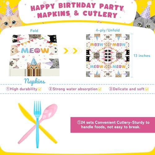 Cats Birthday Party Plates Set,168PCS Cat Birthday Tableware Party Supplies - Image 4