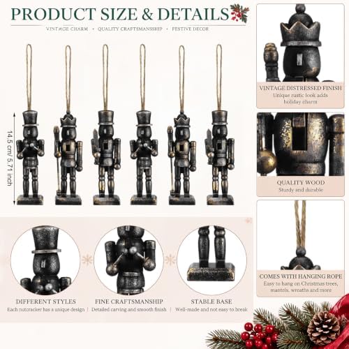 Leinuosen 6 Pcs Neutral Christmas Nutcracker Ornament Wooden Decor, Balck - Image 3